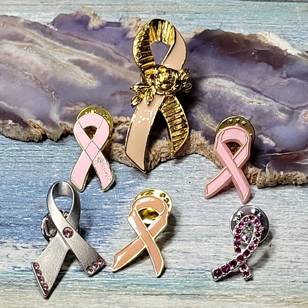 Gold/Silver and Pink Ribbon Brooch Set